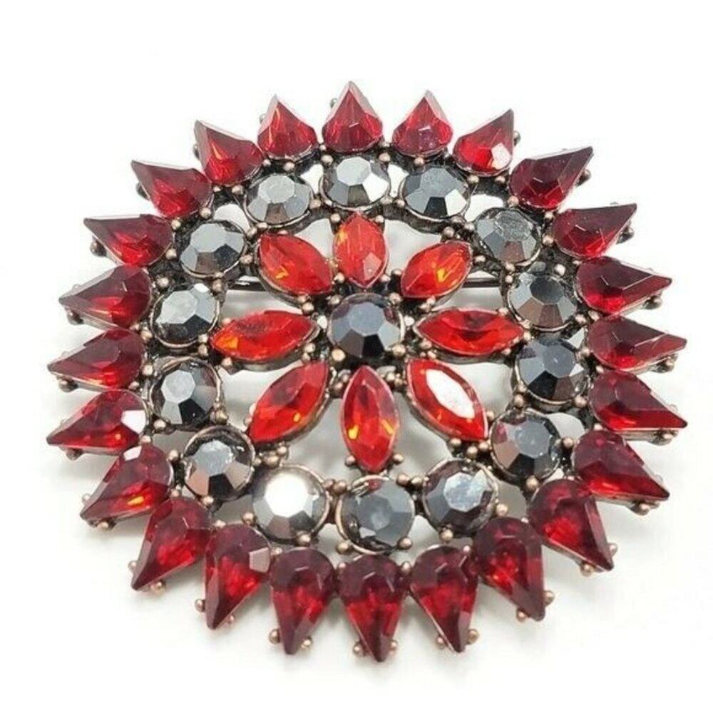 Red Silver Flower Sunburst Rhinestone Brooch Pendant Combo, 2 Inches, 1990s